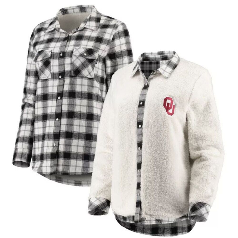 New Women's Snap Button Oklahoma Sooners Reversible Sherpa Flannel Long Sleeve